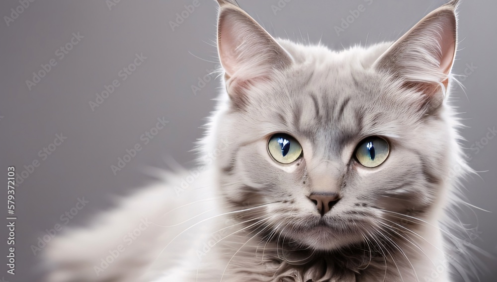 Cute Fluffy Grey Longhaired Cat Close Up Portrait. Funny Pet Looking at Camera Studio Shot. Generative Ai.