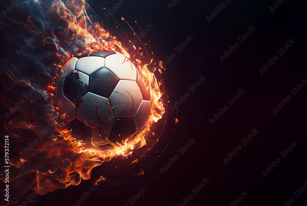 Naklejka premium Football match. Soccer ball on fire. Banner. Copy space. generative AI