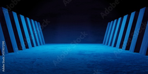 3d rendering of blue spaceship corridor hallway dark background. Scene for advertising, showroom, technology, future, modern, sport, game, metaverse. Sci Fi Illustration. Product display © Tanawat Thipmontha