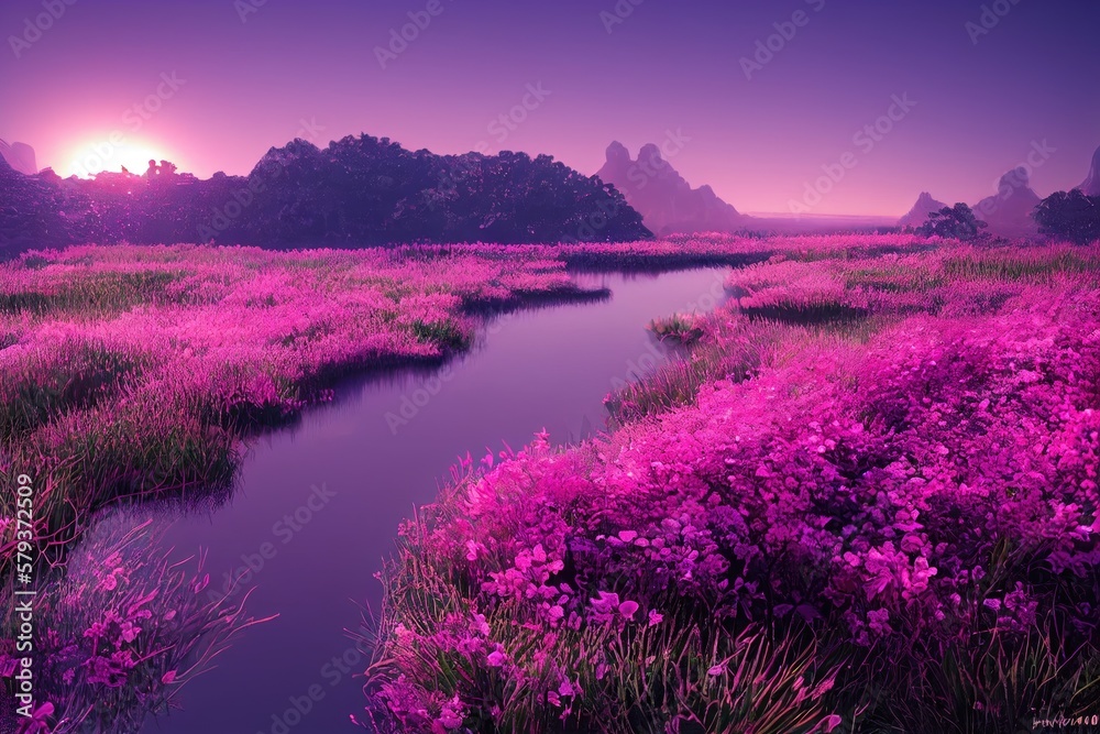 Obraz premium mountain landscape and the river with floral field generative ai