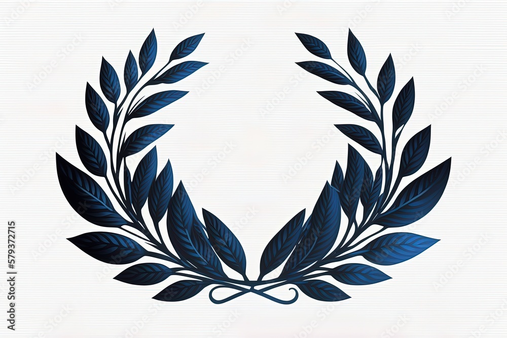 Blue laurel wreath illustration, white background. Generative AI