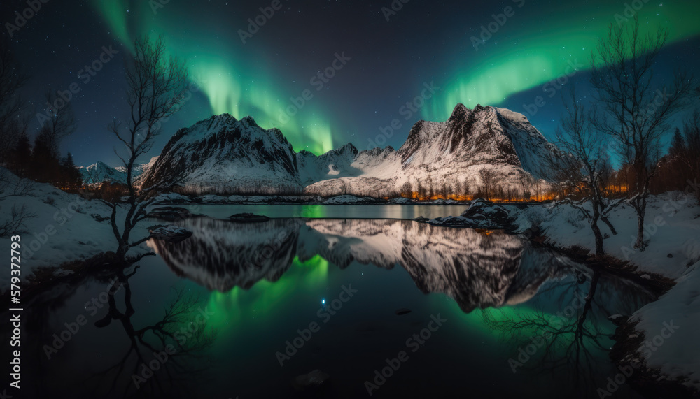 Paysage nordique en hiver et de nuit avec aurore boréale, reflet des montagnes et du ciel dans l'eau du lac, de la mer