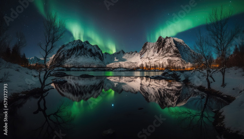 Paysage nordique en hiver et de nuit avec aurore boréale, reflet des montagnes et du ciel dans l'eau du lac, de la mer © Sébastien Jouve