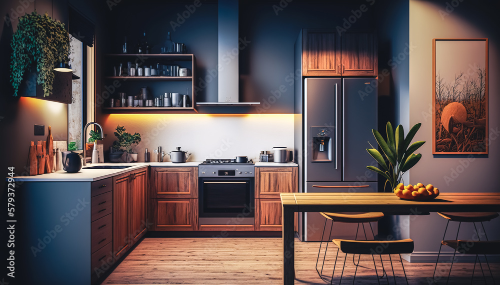 The interior of a spacious modern kitchen, generative AI. The interior of a spacious modern kitchen, generative AI.