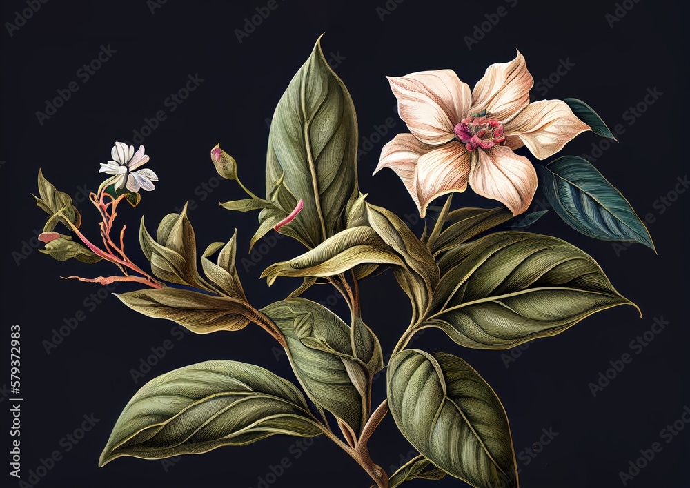 Fantasy Non-Existent Plant, Bhringraj -like Botanical Illustration, Abstract Generative AI Illustration