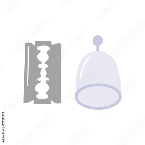 Hijama cups set with knife illustration. Cupping therapy medical concept cartoon.