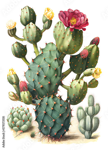 Opuntia Botanical Illustration, Prickly Pear Food Plant, Pear Cactus, Abstract Generative AI Illustration