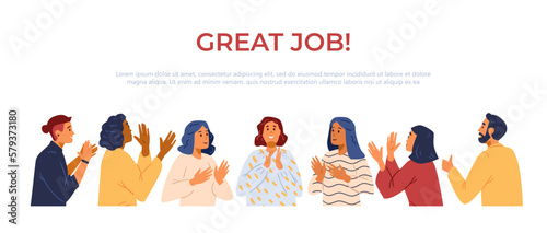Multiracial group of people applauding flat vector banner.Joyful  men and women showing thumbs up, clapping and cheering.