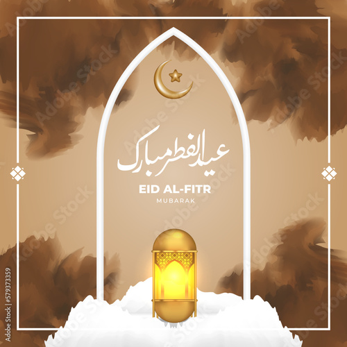 Eid al fitr mubarak social media post template with eid al fitr mubarak text in arabic calligraphy and lantern