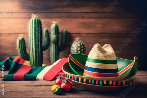 Cinco de Mayo holiday background with Mexican cactus and party sombrero hat on wooden table. Generative AI