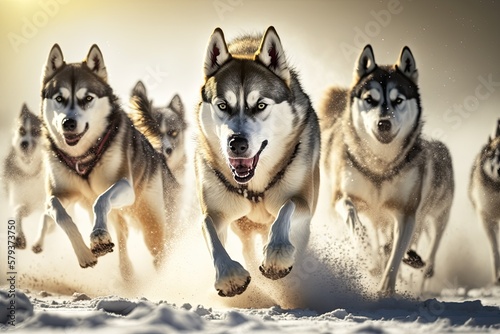 Races using husky sled dogs. Sled dog racing is a popular winter sport. With their musher  Siberian husky dogs race through the snowy tundra. Jogging vigorously on a snowy  dirt cross country course