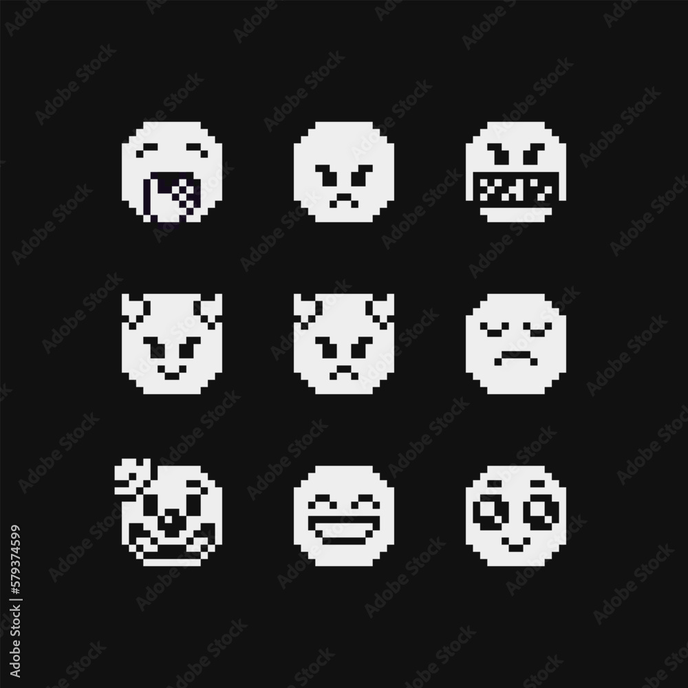 Smiley set, face, emoticon with various emotions cute faces, pixel art style 1-bit icons. Isolated vector illustrations. Smiley set, face, emoticon with various emotions cute faces, pixel art style 1-bit icons. Isolated vector illustrations.
