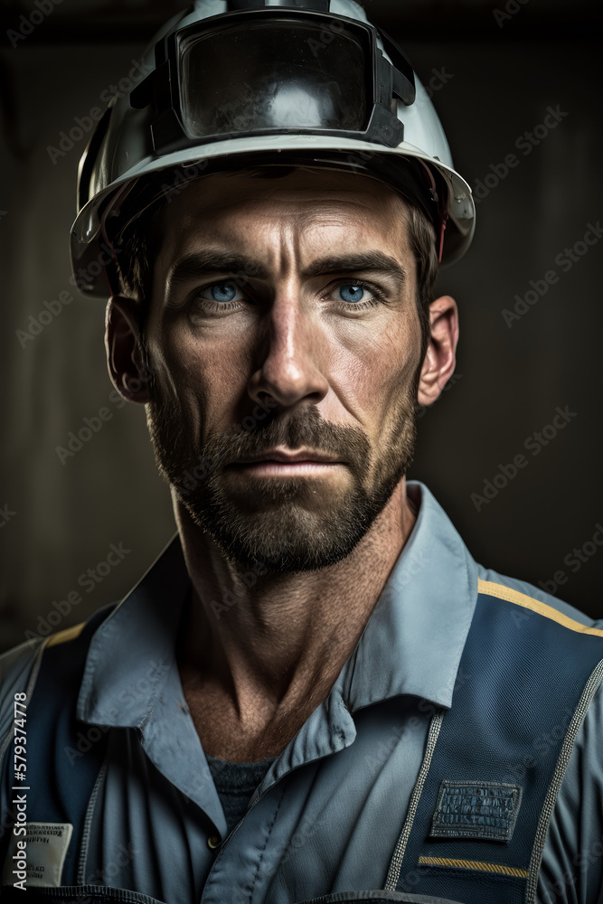 Fototapeta premium Portrait of a Serious Construction Worker in helmet, AI Generative