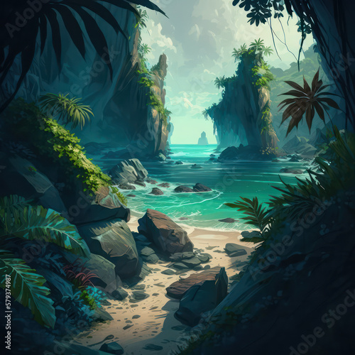 Beautiful tropical exotic beach, Thailand, Caribbean, Digital Illustration, Generative AI