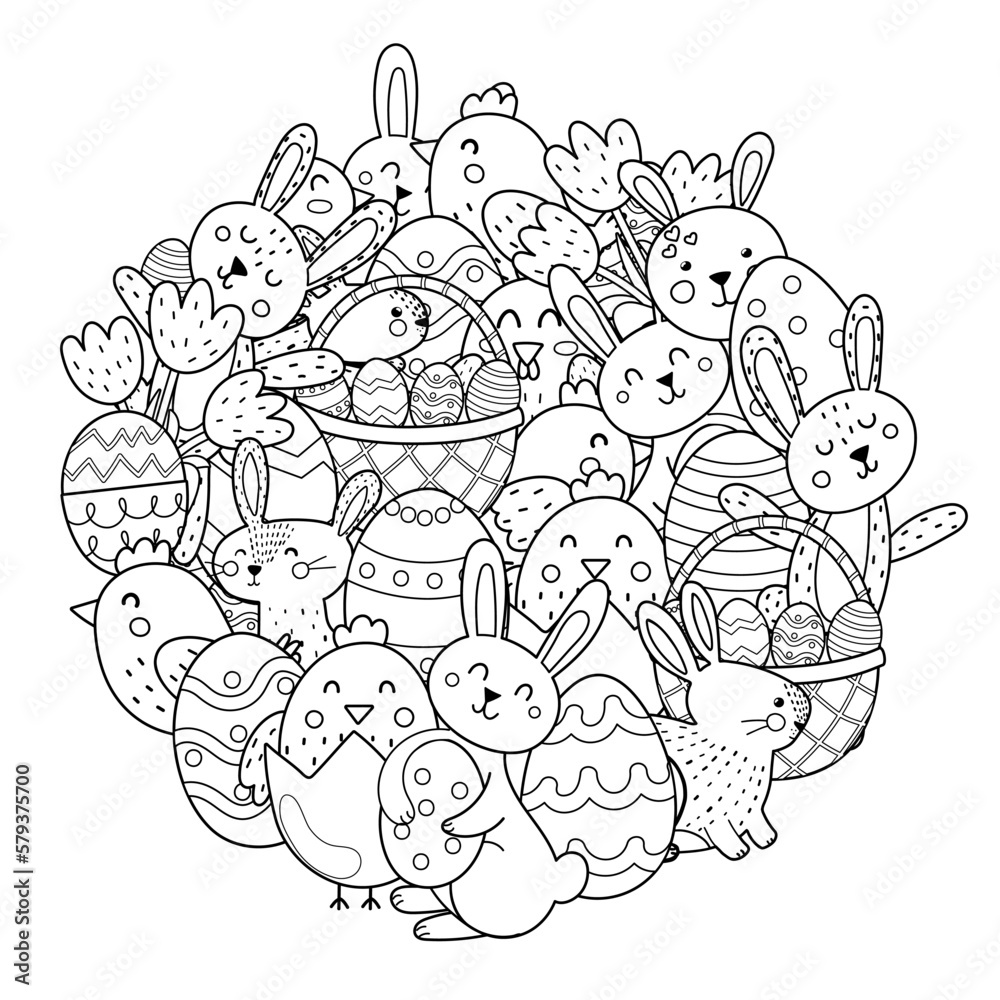 Cute Easter bunnies and chicks circle shape coloring page. Doodle mandala with Easter characters for coloring book. Outline background. Vector illustration