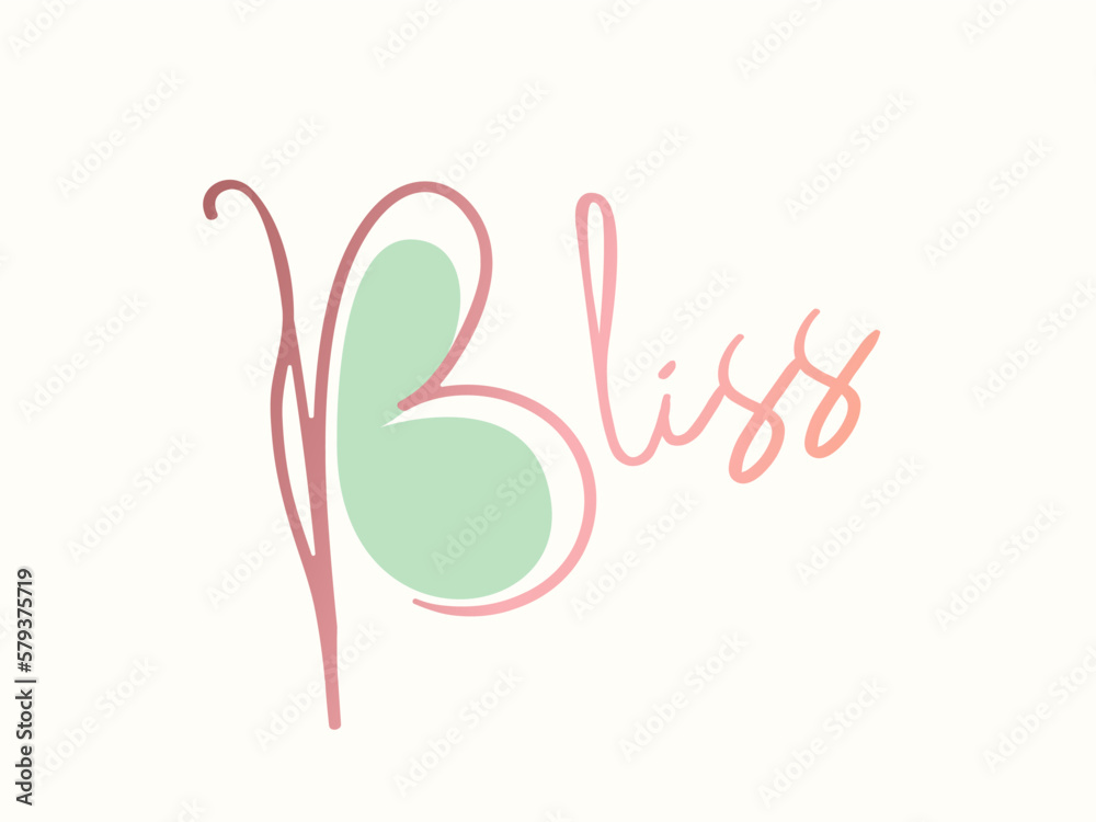 BLISS word mark logo text. Decorative butterfly letter B. Handwritten calligraphy concept. Beauty and style creative initials isolated on light background. BLISS word mark logo text. Decorative butterfly letter B. Handwritten calligraphy concept. Beauty and style creative initials isolated on light background.