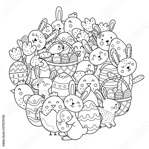 Fotobehang Cute Easter bunnies and chicks circle shape coloring page