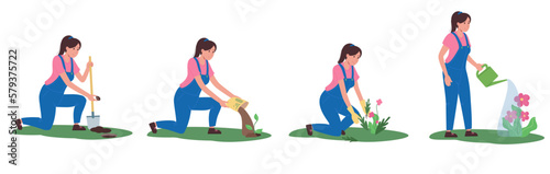 Set of vector illustrations of planting flowers. The girl grows spring pink flowers, plants, fertilizes, pulls out weeds, waters. Flat character style