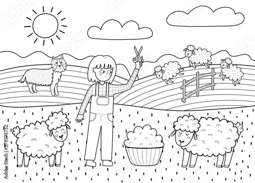 On the farm poster with cute animals in black and white. Girl shearing sheep and making wool on a green meadow. Pasture landscape for coloring book. Vector illustration