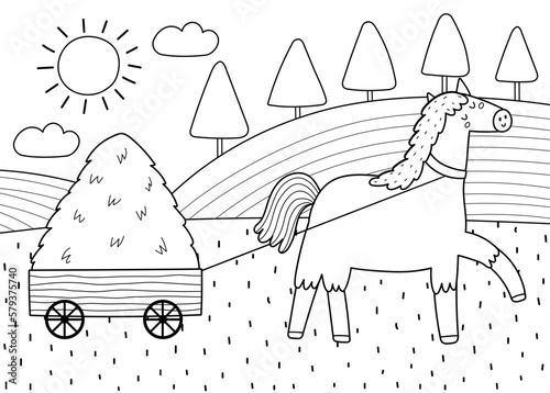 Cute horse pulling a cart with a hay stack on a green meadow print in black and white. Pasture landscape with a farm character for coloring book. Vector illustration