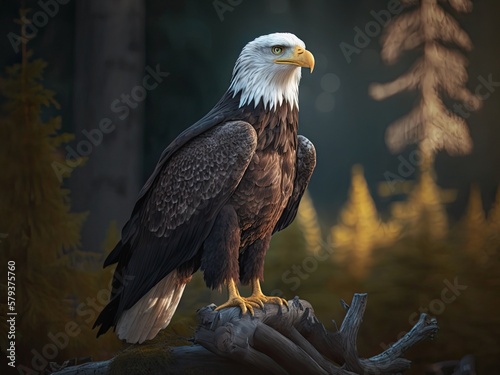 American bald eagle. Wild bird sits on a branch in the forest. Generative AI art.