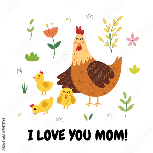 I love you mom ever print with a cute mother chicken and her baby chick. Funny animals family card for Mother’s Day. Vector illustration