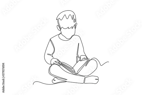 Single one line drawing happy boy sitting while reading book. World book day concept. Continuous line draw design graphic vector illustration.