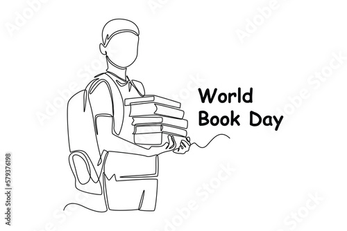 Single one line drawing happy boy carrying stack of book and bag. World book day concept. Continuous line draw design graphic vector illustration.