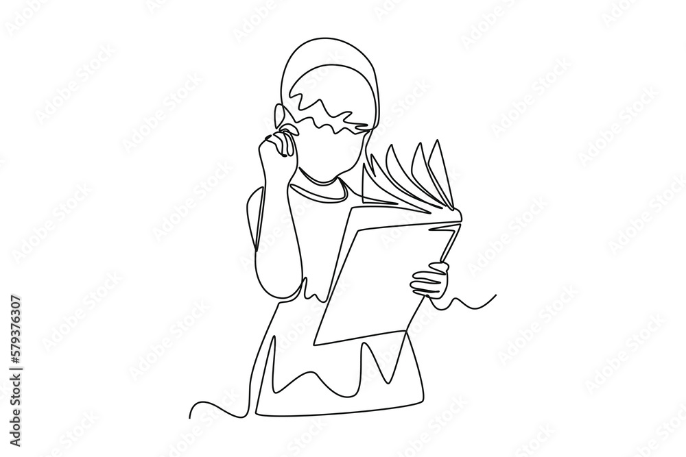 Single one line drawing happy girl reading book. World book day concept. Continuous line draw design graphic vector illustration.