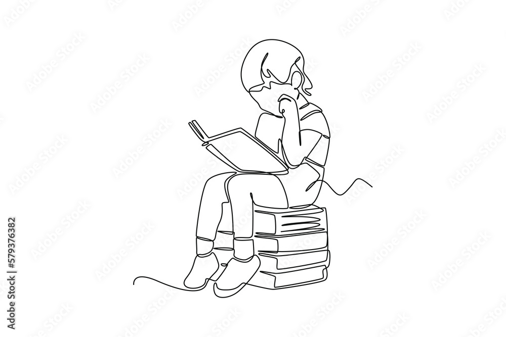 Single one line drawing little girl reading book on the stack of book. World book day concept. Continuous line draw design graphic vector illustration.