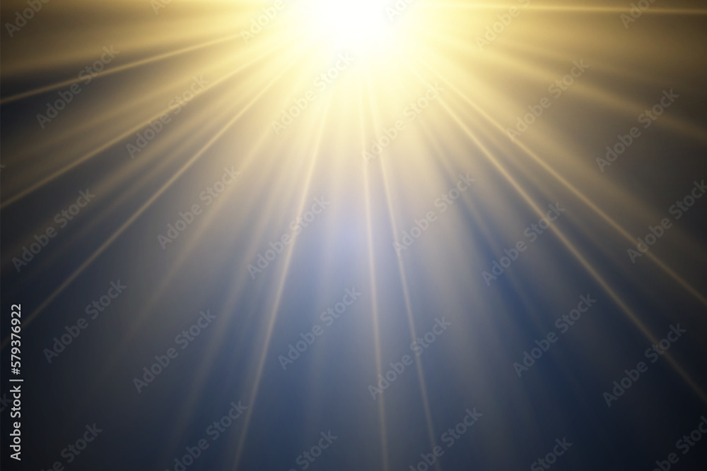 Fototapeta premium Special lens flash, light effect. The flash flashes rays and searchlight. illust.White glowing light. Beautiful star Light from the rays. The sun is backlit. Bright beautiful star. Sunlight. Glare. 