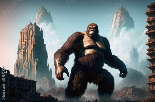 Photographie King Kong stands on the ruins of a ruined city. Generative AI.