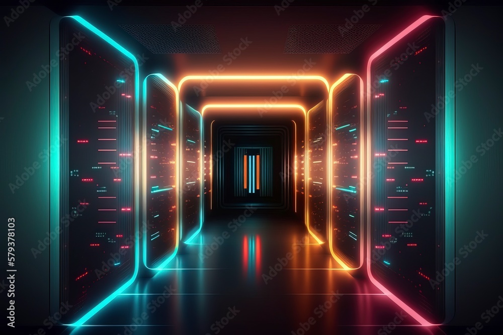 Neon effect abstract digital technology channel. AI technology generated image Neon effect abstract digital technology channel. AI technology generated image
