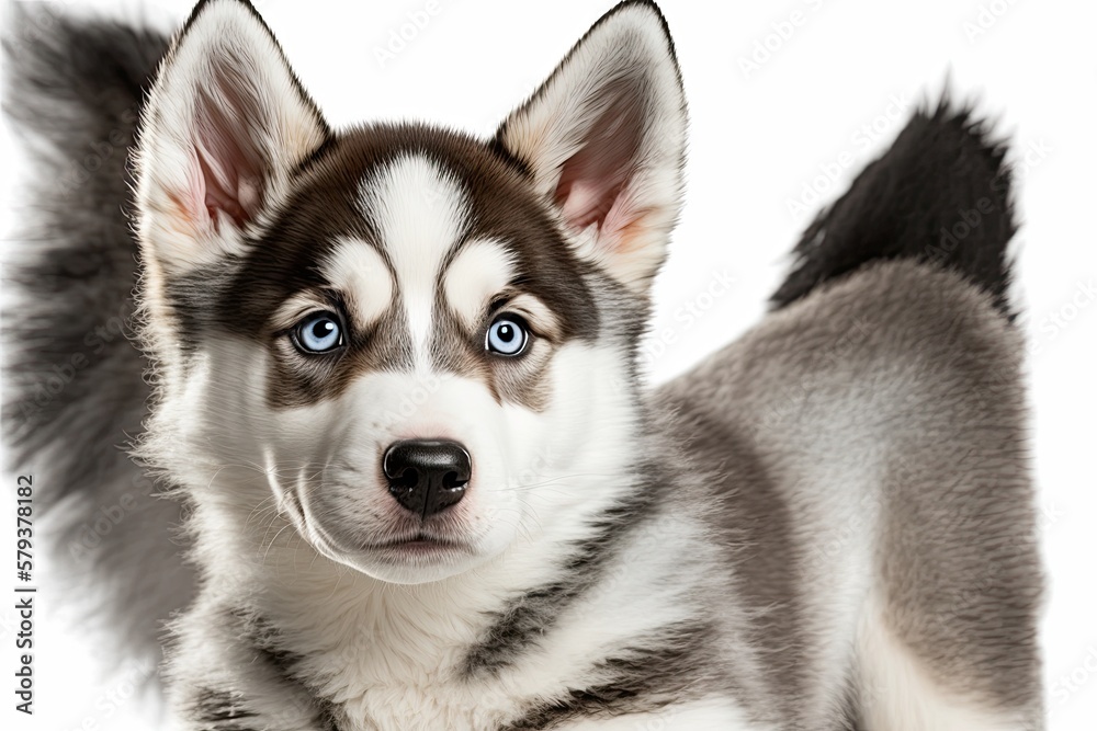 One year old Siberian Husky against a white background. Generative AI