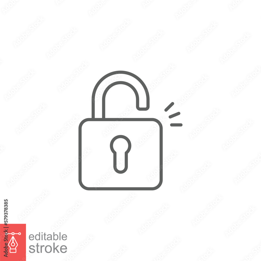 Unlocked lock icon. Simple outline style. Padlock with keyhole, open key, security concept. Thin line vector illustration design on white background. Editable stroke EPS 10. Unlocked lock icon. Simple outline style. Padlock with keyhole, open key, security concept. Thin line vector illustration design on white background. Editable stroke EPS 10.