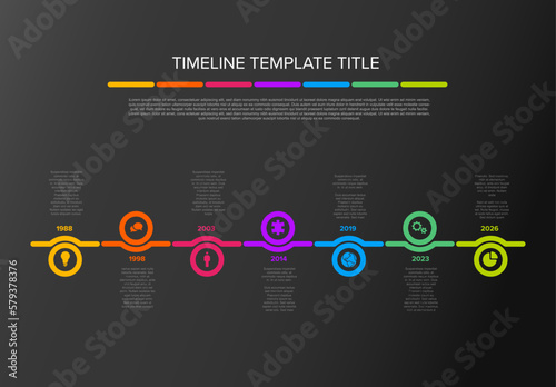 Six circle steps timeline process infographic dark version