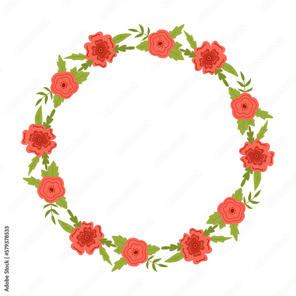 Vector wreath with leaves and red flowers. Floral frame for text. Flower round border copy space. Romantic design for greeting cards and invitations. Elegant text template with blossom flowers. Vector wreath with leaves and red flowers. Floral frame for text. Flower round border copy space. Romantic design for greeting cards and invitations. Elegant text template with blossom flowers.