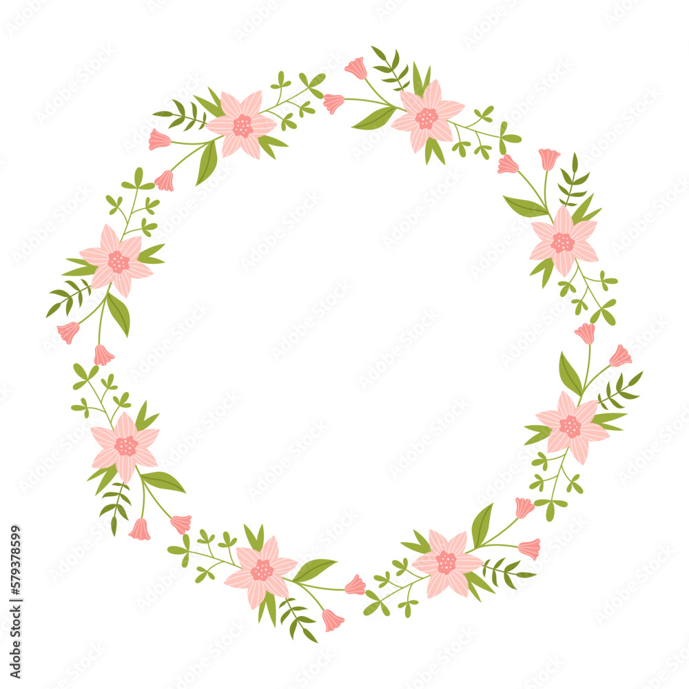 Vector wreath with green leaves and striped pink flowers. Floral frame for celebrations. Flower round border copy space. Romantic design for greeting cards. Text template with spring plants.