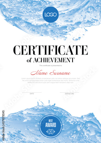 Modern white certificate template with blue water elements