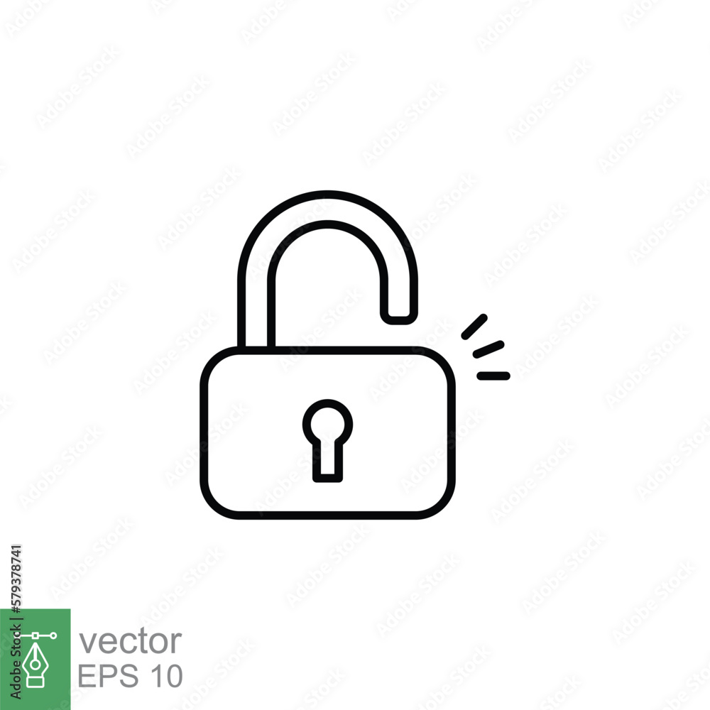 Unlocked lock icon. Simple outline style. Padlock with keyhole, open key, security concept. Thin line vector illustration design on white background. EPS 10. Unlocked lock icon. Simple outline style. Padlock with keyhole, open key, security concept. Thin line vector illustration design on white background. EPS 10.