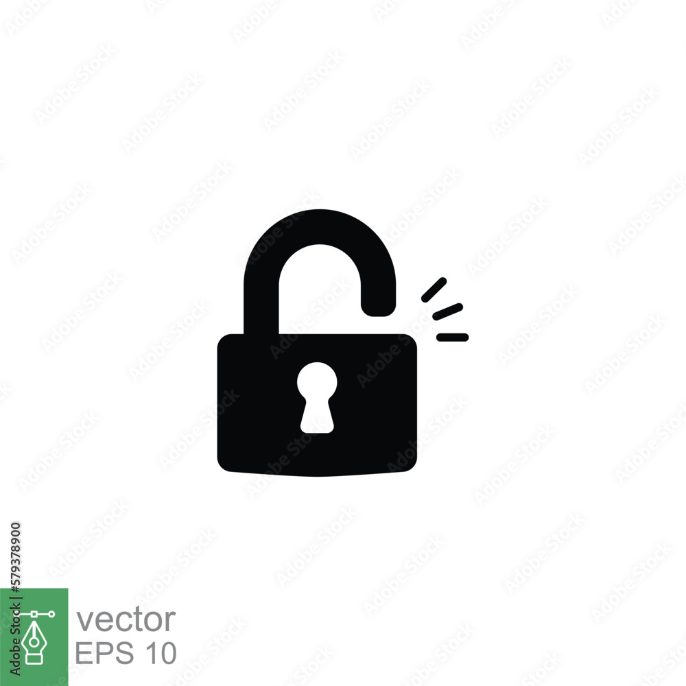 Unlocked lock icon. Simple solid style. Padlock with keyhole, open key, security concept. Black silhouette, glyph vector illustration design on white background. EPS 10. Unlocked lock icon. Simple solid style. Padlock with keyhole, open key, security concept. Black silhouette, glyph vector illustration design on white background. EPS 10.
