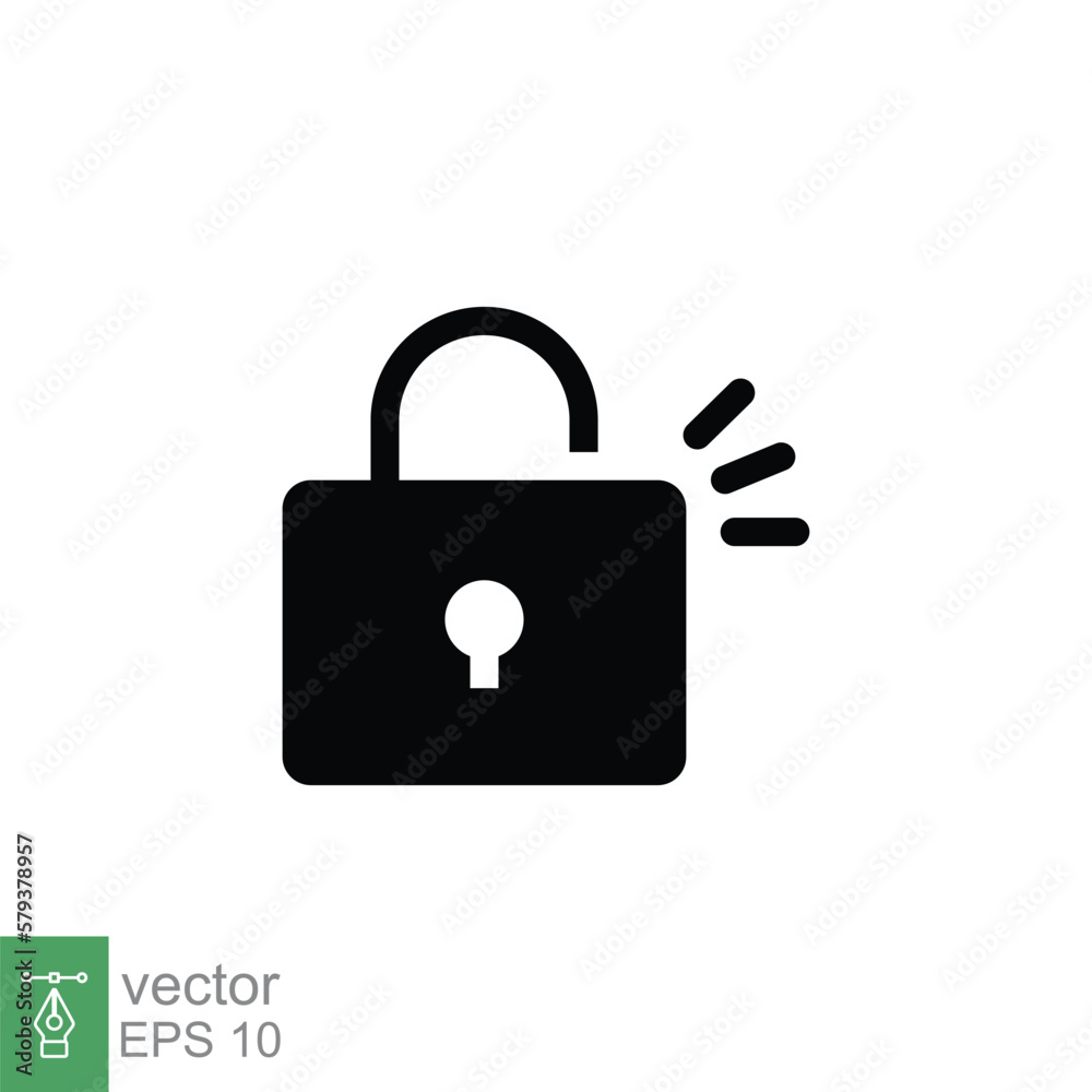 Unlocked lock icon. Simple solid style. Padlock with keyhole, open key, security concept. Black silhouette, glyph vector illustration design on white background. EPS 10. Unlocked lock icon. Simple solid style. Padlock with keyhole, open key, security concept. Black silhouette, glyph vector illustration design on white background. EPS 10.