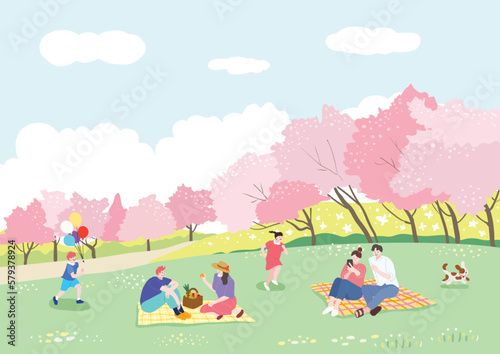 People enjoying picnics on the grass on a sunny spring day when cherry blossoms are in full bloom © 하진 박