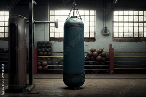 Boxing bag in and old sport or boxing gym. Generative AI illustration © 4kate