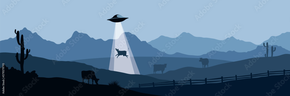 UFO Cow Abduction. Funny vector illustration, night landscape with ...