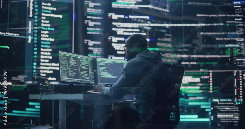 Medium Shot of a Man Working as a Developer, Surrounded by Big Screens Displaying Lines of Code in a Monitoring Room. Black Male Programmer Using Desktop Computer, Analysing Data, Creating AI Software