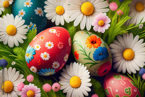 Many bright and colorful Easter eggs and flowers filling the background. top view. Generative ai