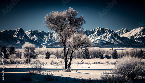 A deep snowy landscape with trees and mountains in the background generated by AI photo