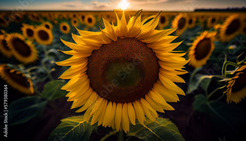 A field of sunflowers at sunset generated by AI photo