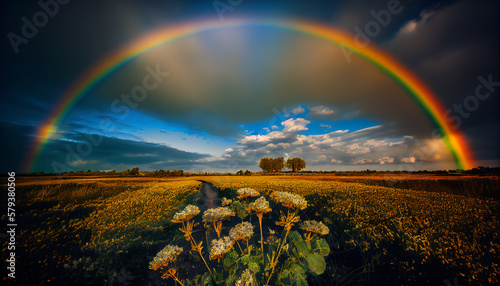 A rainbow in the sky over a flowering field generated by AI photo